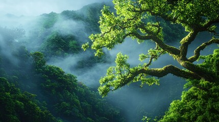 Obraz premium Lush Green Forest with Misty Mountains and Vibrant Tree Canopy