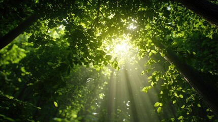 Obraz premium Sunlight Filtering Through Green Leaves in Lush Forest Canopy