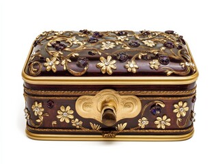 a brown jewelry box with gold detailing and purple gems