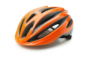 close up of an orange bike helmet on a white background