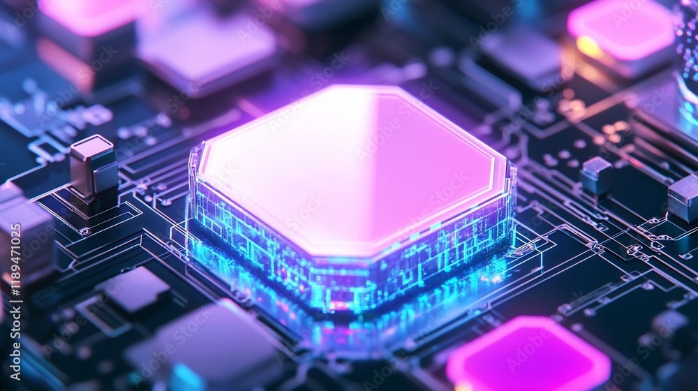 Poster close-up of a glowing hexagonal chip on a circuit board.