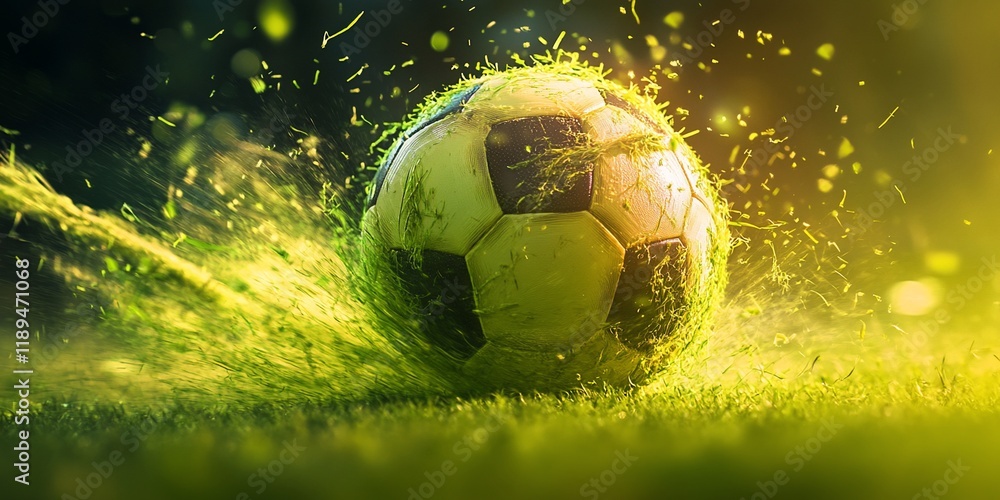 Poster soccer ball exploding with grass, dynamic action shot.