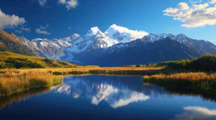 Fototapeta premium Majestic Snow-Capped Mountains Reflecting in Still Lake at Sunrise