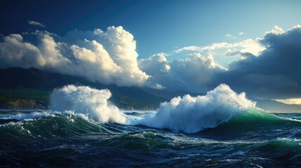Dynamic Ocean Waves Under Bright Blue Sky with Dramatic Clouds