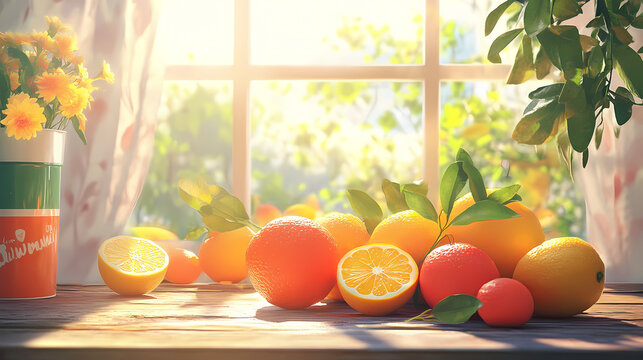 National sunkist citrus day celebration, citrus fruits on rustic table, bright colors and sunlight. Sunmist. Illustration