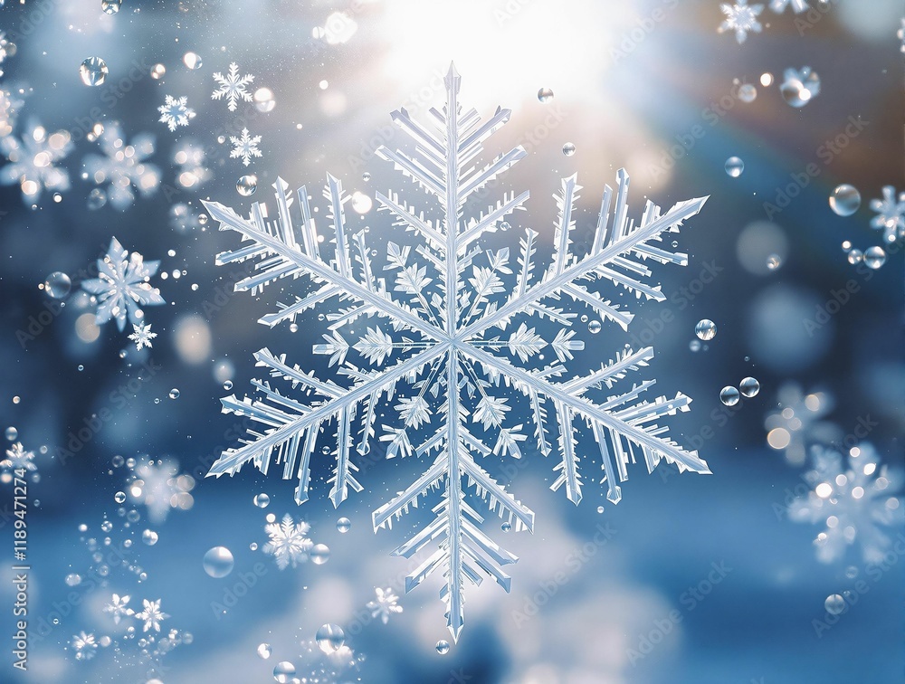 Aufkleber large snowflake with intricate patterns, set against a background of blurred falling snowflakes, creating a winter scene.