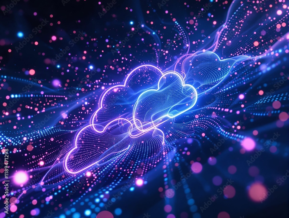 Aufkleber futuristic, neon-lit cloud network, with abstract, glowing lines and particles, symbolizing data con