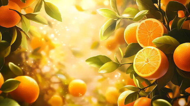 National sunkist citrus day theme, fresh citrus arrangement with oranges and leaves, warm background. Sunmist. Illustration