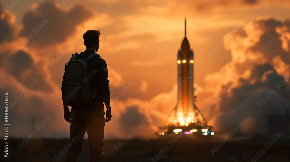 Poster person standing in front of a rocket taking off into space at sunset.