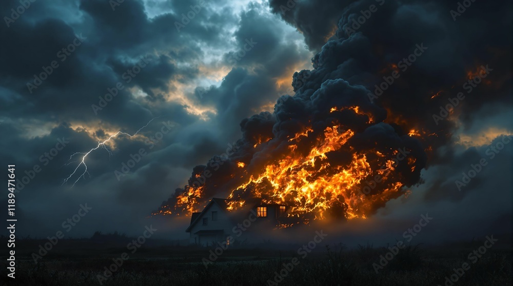 Poster dramatic scene of a large explosion in a desert landscape, with a fiery blaze consuming a vehicle an