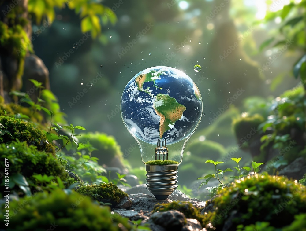 Aufkleber light bulb with a globe inside it, placed on a bed of rocks and greenery, symbolizing a connection b