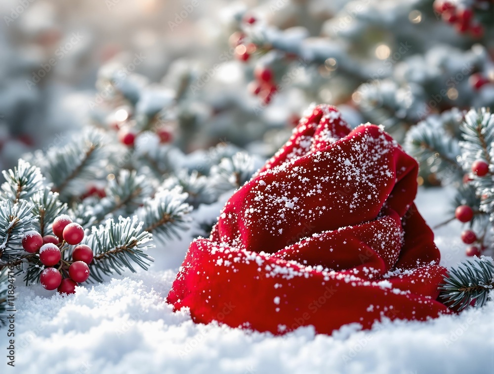 Poster close-up of a red rose surrounded by snow and pine needles, with a snowy background. the rose is ado