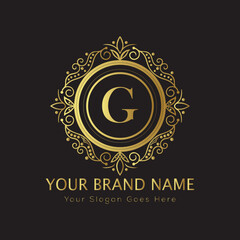 Letter Luxury brand logo design with a royal gold crown emblem and elegant typography
