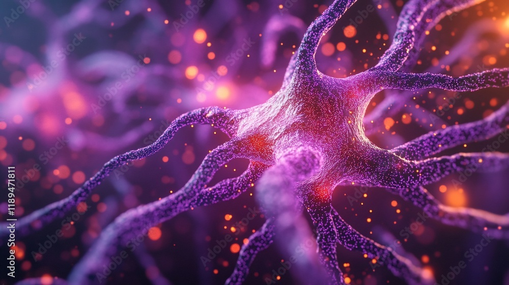 Poster microscopic view of a neuron with glowing synapses.