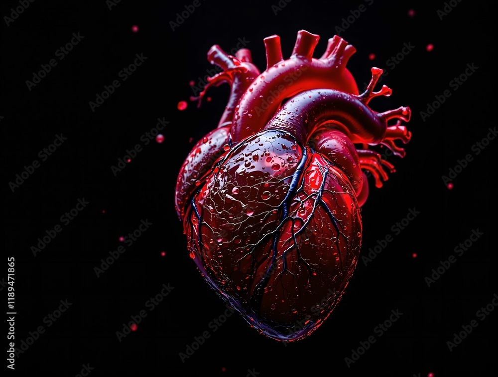 Poster close-up view of an anatomically correct human heart, illuminated in red and dark colors against a black background.