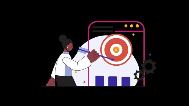 A Black woman in a white shirt illustrates data analysis with a target on a digital device.