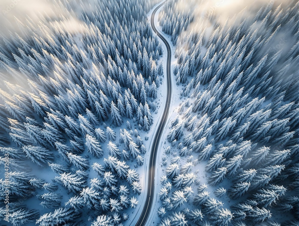 Leinwandbilder an aerial view of a forested area covered in snow, with a winding road running through it. The trees are densely packed and covered in a layer of white snow.