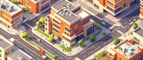 Isometric city view with buildings, roads, and trees.