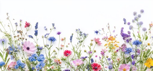 Colorful wildflowers arranged in a row against a white background.