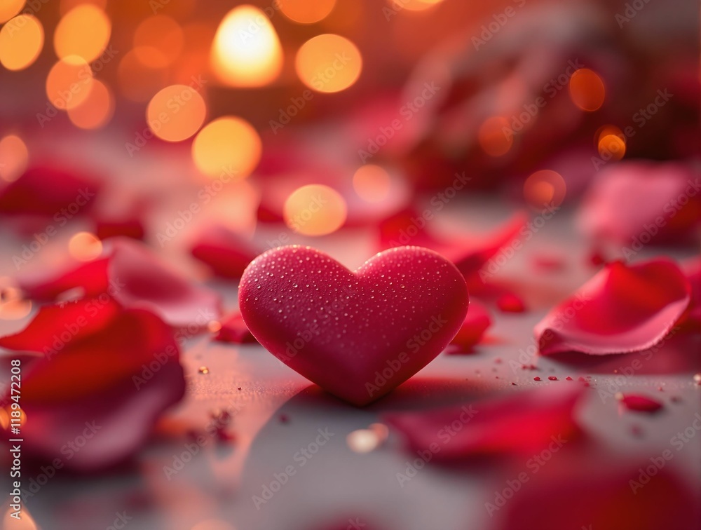 Poster heart-shaped object surrounded by red rose petals on a wet surface. The background is blurred with warm, bokeh lights adding to the romantic atmosphere.