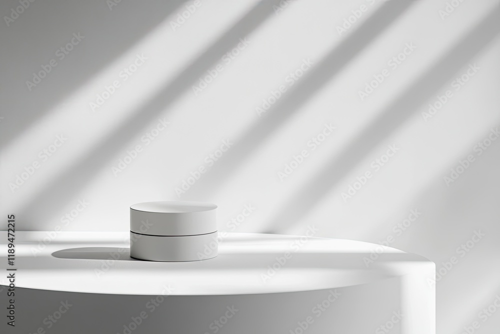 Poster minimalistic arrangement featuring sleek jar of moisturizer on clean white surface with subtle shado