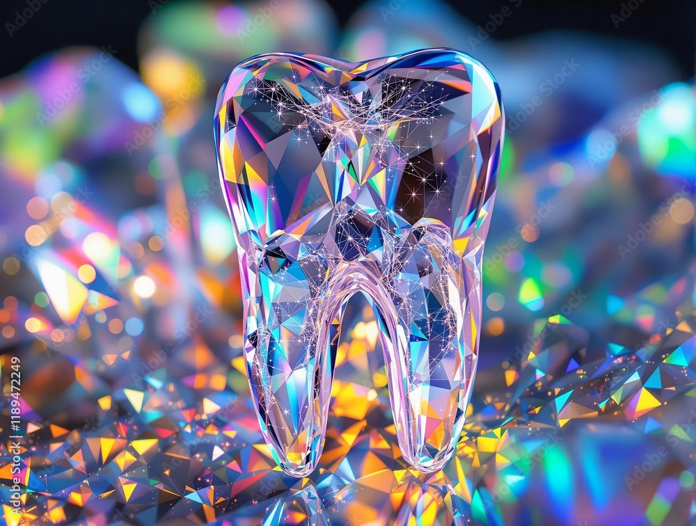 Poster tooth-shaped crystal with a rainbow-like surface, reflecting colorful light. the tooth is set agains