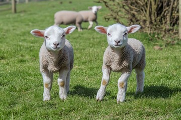 Two adorable lambs frolic in a lush green pasture, one slightly in front of the other.