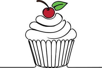 Cupcake and cherry on it Line Drawing. Modern Vector Art for Sweet Treat Lovers