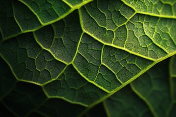 Fototapeta premium Close-up of a vibrant green leaf's intricate vein structure, showcasing its natural texture and details.
