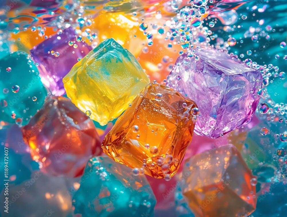 Poster The image shows colorful ice cubes floating in a liquid with bubbles surrounding them.