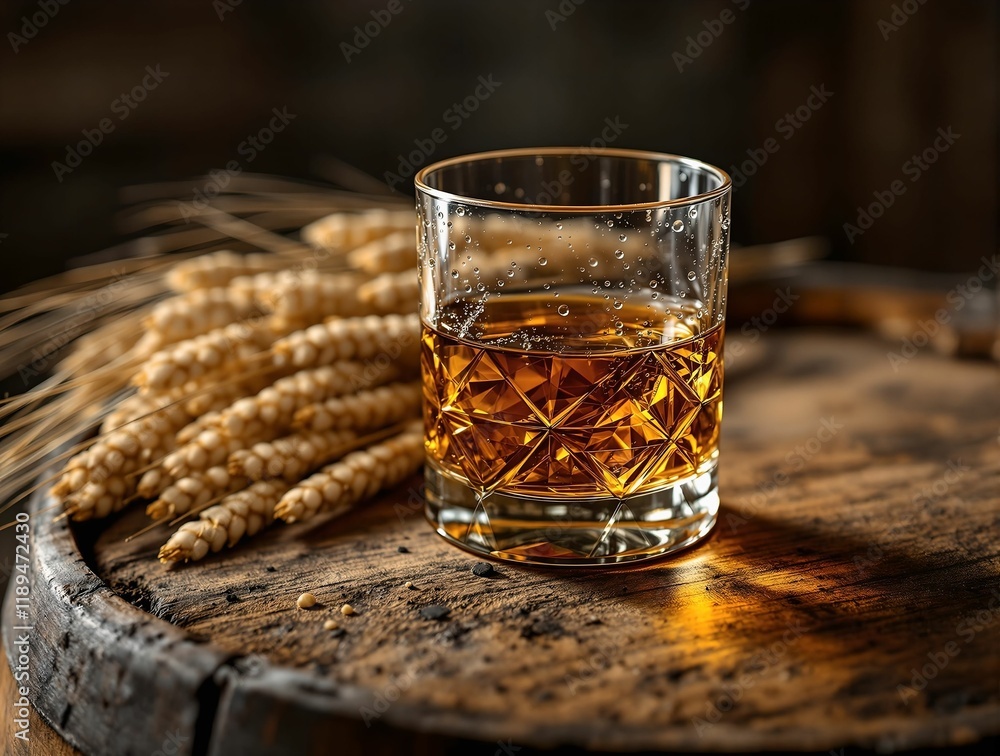Poster a glass of whiskey is placed on a wooden table next to a barrel and a bunch of wheat ears.