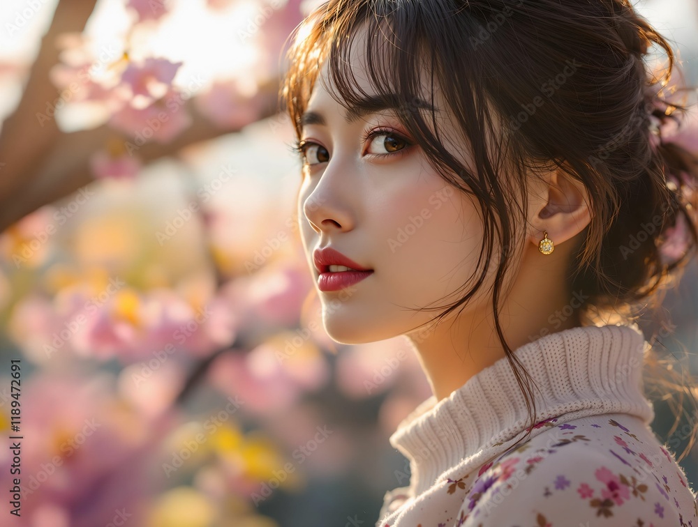 Poster person wearing a floral-patterned sweater with a high collar, standing in front of a tree with pink 