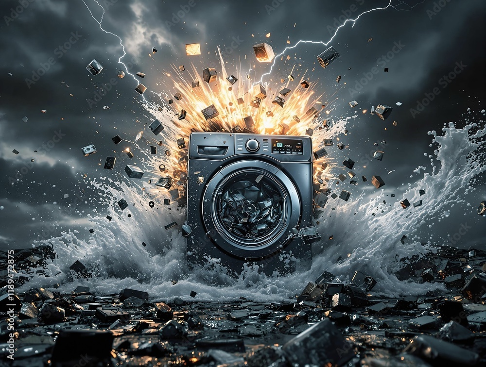 Aufkleber washing machine exploding with sparks and debris, set against a dramatic, dark background with a spl
