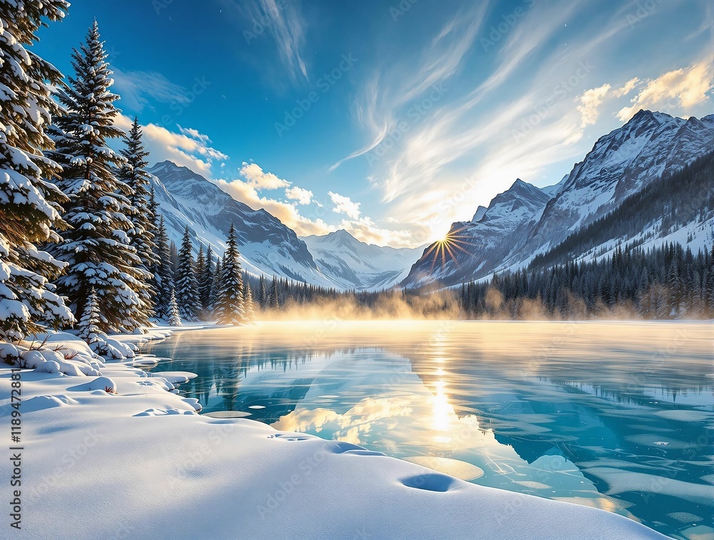 Poster serene winter landscape with a frozen lake surrounded by snow-covered trees and mountains in the bac