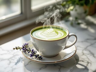 steaming cup of matcha latte on a marble surface, garnished with lavender flowers, and placed near a window.