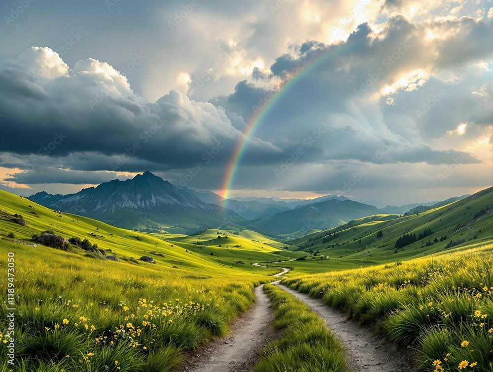 Poster scenic landscape with a dirt road leading towards a mountain range. a vibrant rainbow arches across 