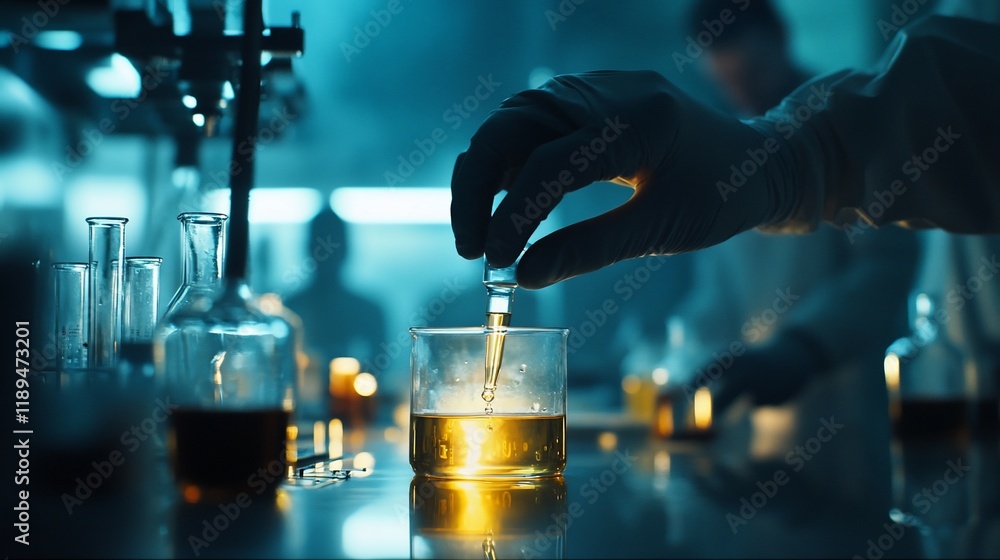 Poster scientist's gloved hand using pipette adding liquid to beaker in lab.