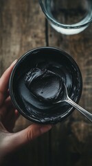 A shiny silver spoon filled with a dark resin similar to shilajit floats above a black jar surrounded by a rustic wooden table and water glasses. Taking a nutritional supplement.