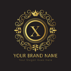 Letter Luxury brand logo design with a royal gold crown emblem and elegant typography
