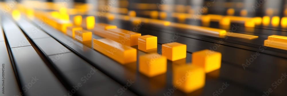 Poster abstract 3d rendering of glowing orange cubes on black lines.