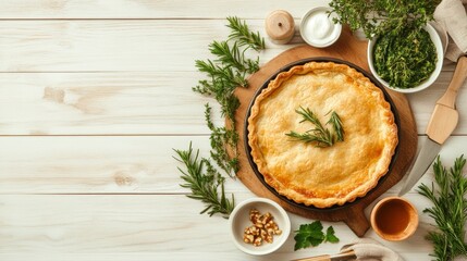 Rustic Savory Pies with Herbs on a Wooden Table for British Pie Week 4