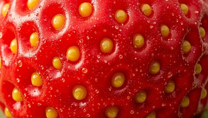 Close up of ripe strawberry with yellow seeds textured skin and glistening droplets under soft light