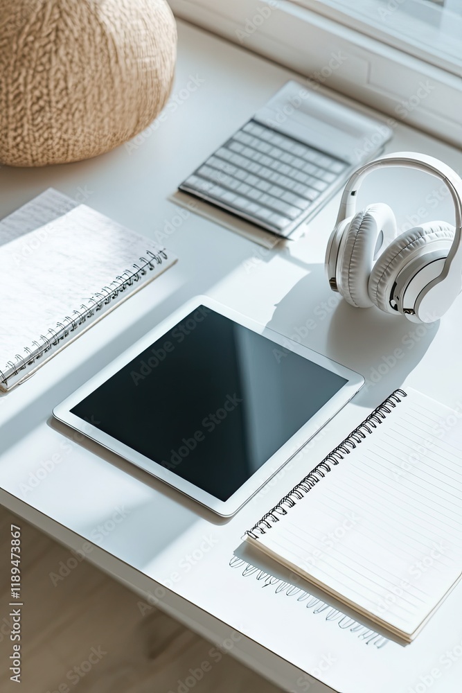 Poster minimalistic workspace with tablet notebook and wireless headphones on clean desk symbolizing remote