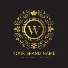 Letter Luxury brand logo design with a royal gold crown emblem and elegant typography
