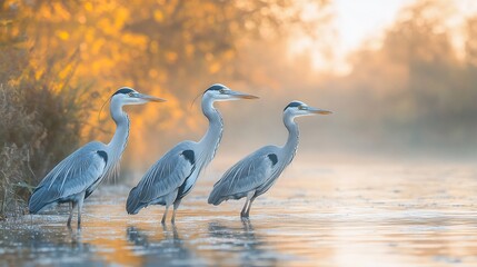 Three grey herons wading in shallow water at sunrise, misty autumn background.