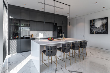Interior of a private house, studio with kitchen.