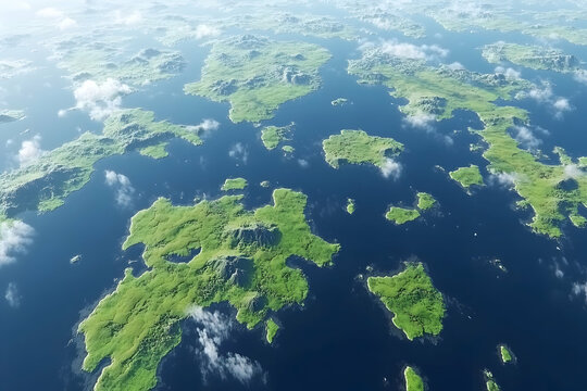 Stunning aerial view of a picturesque archipelago, showcasing vibrant green islands surrounded by deep blue ocean waters. Ideal for travel, environmental, and geographical projects.