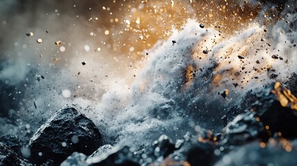 A powerful avalanche crashes down a mountain, sending snow and debris flying through the air. The event creates a dramatic display of nature's force as it engulfs the landscape in a snowy fury