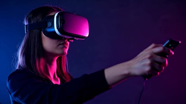 Woman using VR headset and controller in neon light. Virtual Reality Gaming, Metaverse, Futuristic Technology, Digital Innovation, and Immersive Experience. 4K, HD, High-quality stock video footage.