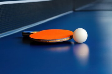A table tennis paddle and ball on a tournament table.